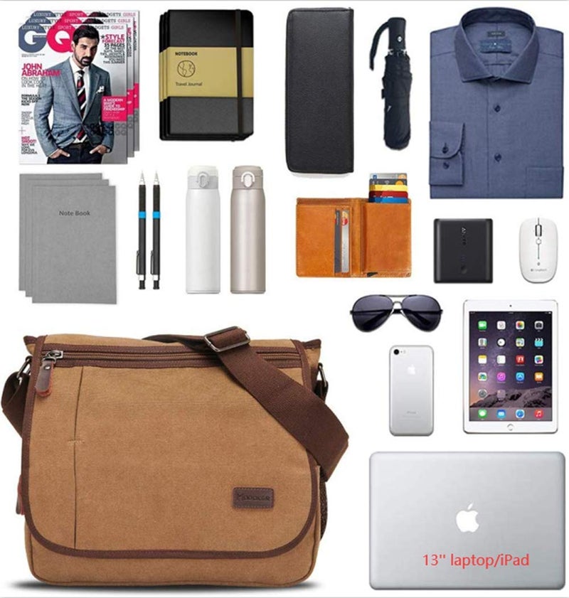 Modoker حقيبة مودوكر للرسائل للرجال، حقائب ساتشيل لابتوب 13 بوصة، حقيبة كتف قماش مع جيب زجاجة، بني - Image 5